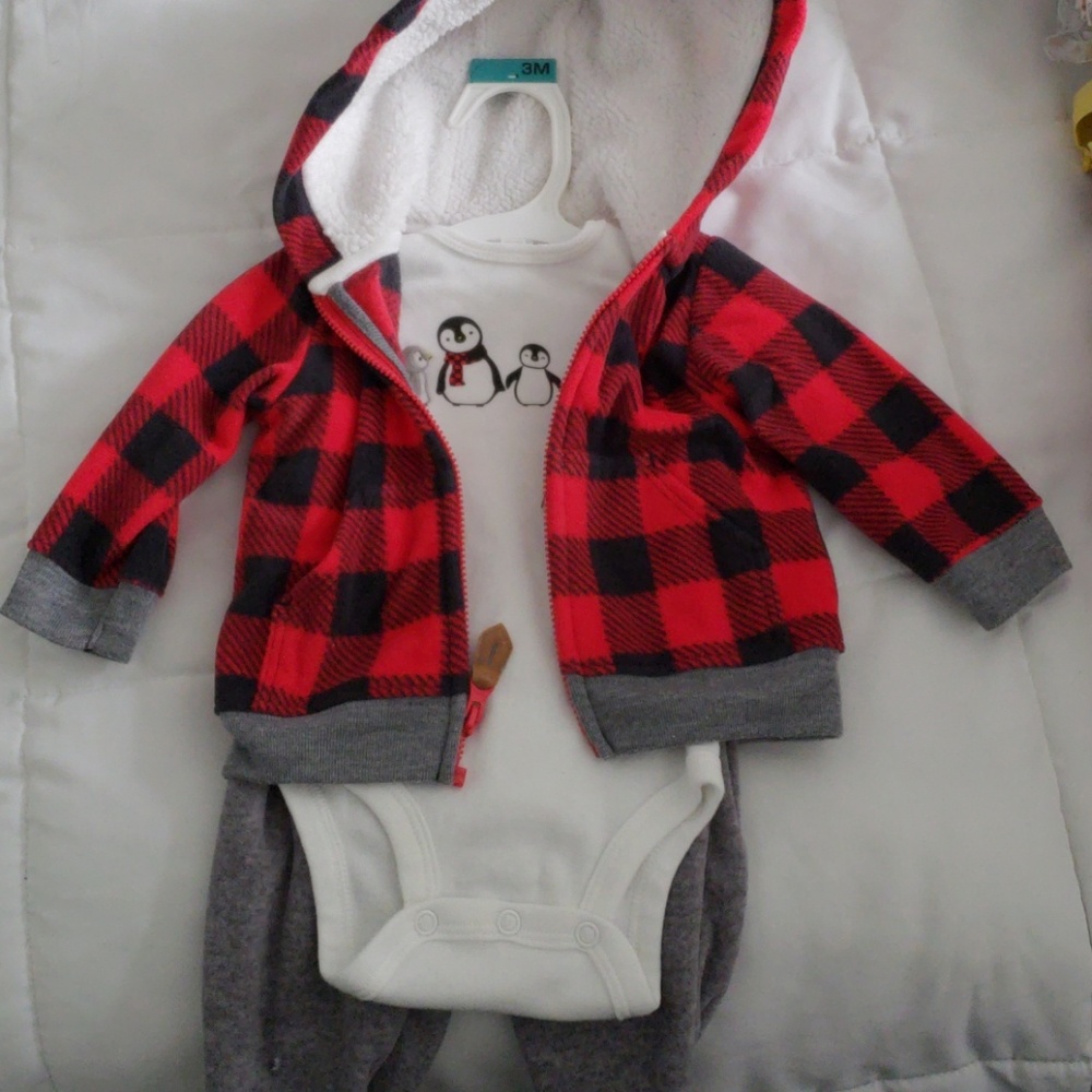 Fleece buffalo check and penguin outfit